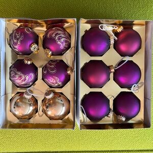 Vintage Purple and Gold Holiday Ornaments Set Glass Christmas Decorations